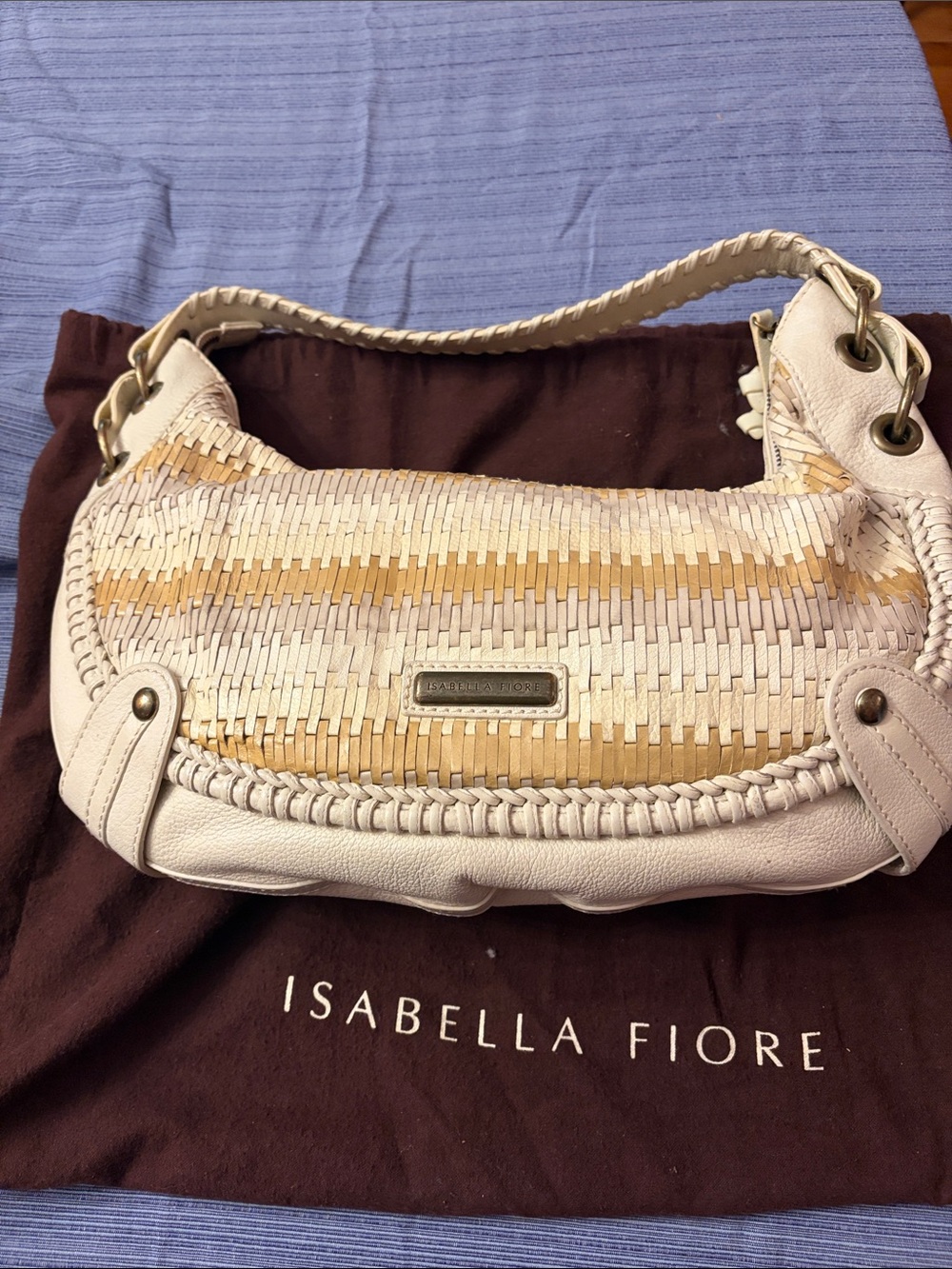 Vintage Isabella Fiore Cream and Tan Woven-Front Shoulder Bag with dust bag